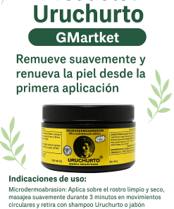 Microdermoabrasión Remueve suavemente y renueva la piel desde la primera aplicación. Indicaciones de uso: Aplica sobre el rostro limpio y seco. Masajea suavemente durante 3 minutos con movimientos circulares. Retira con shampoo uruchurto o jabón neutro. Recomendación: Usar de 2 a 3 veces por semana para mejores resultados.