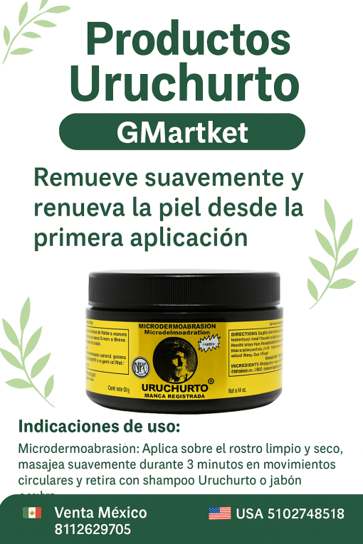 Microdermoabrasión Remueve suavemente y renueva la piel desde la primera aplicación. Indicaciones de uso: Aplica sobre el rostro limpio y seco. Masajea suavemente durante 3 minutos con movimientos circulares. Retira con shampoo uruchurto o jabón neutro. Recomendación: Usar de 2 a 3 veces por semana para mejores resultados.